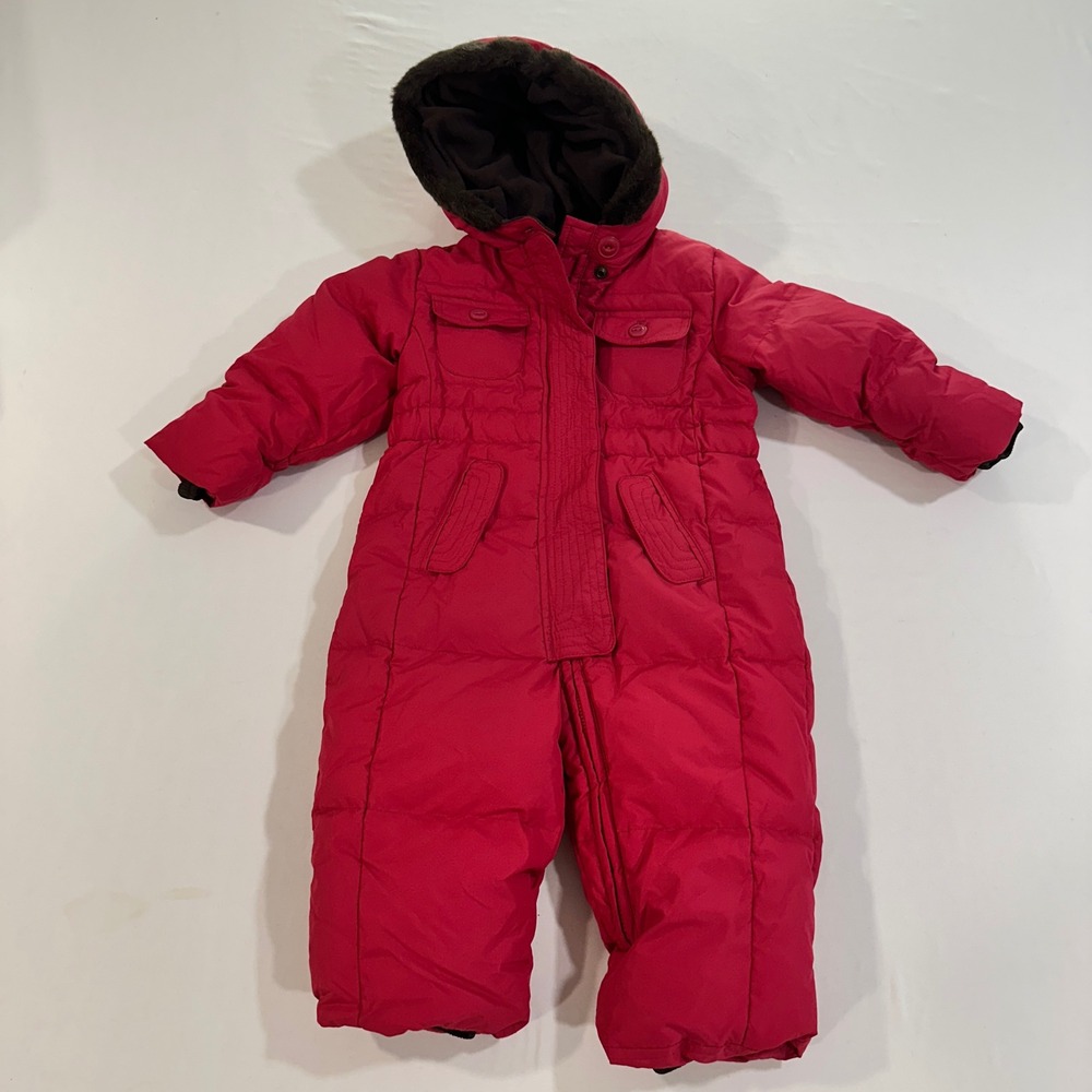 Baby Gap Down Snowsuit 12-18M Pink Quilted Faux Fur Hood Bunting Puffer
